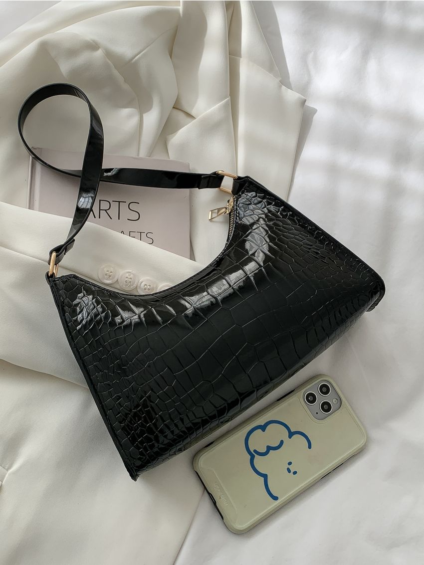 Crocodile Embossed Zipper Baguette Bag