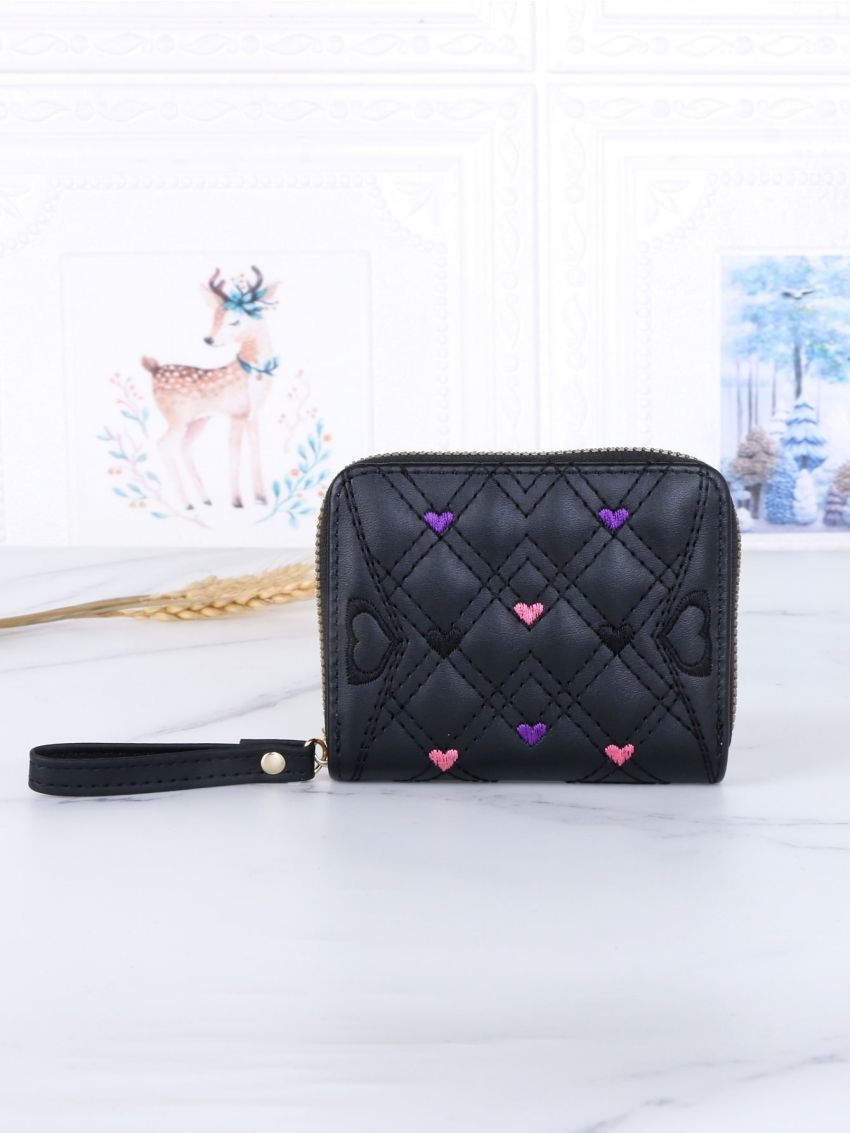 Quilted Pattern Heart Embroidered Small Wallet