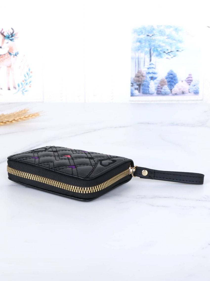 Quilted Pattern Heart Embroidered Small Wallet