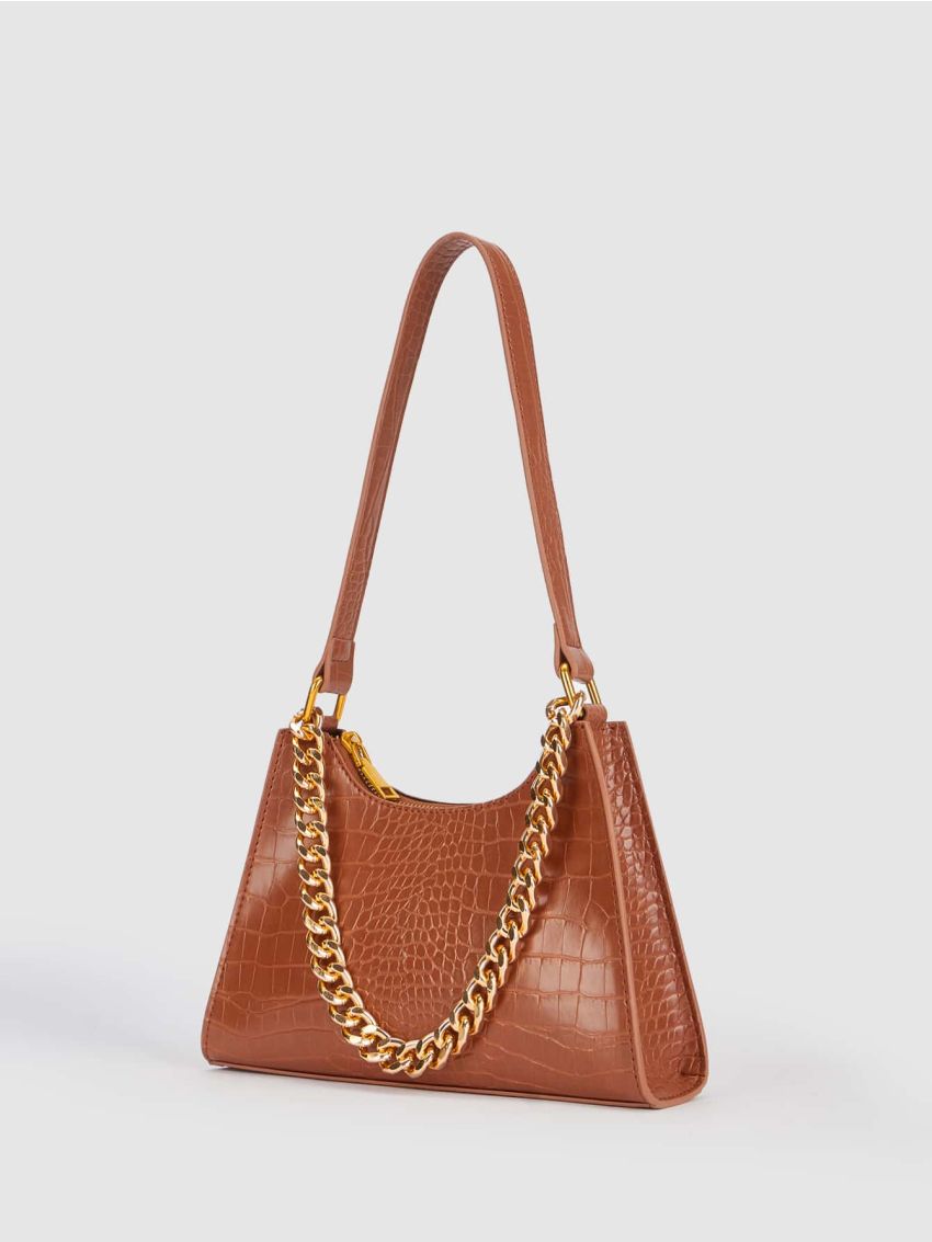 Crocodile Embossed Chain Baguette Bag