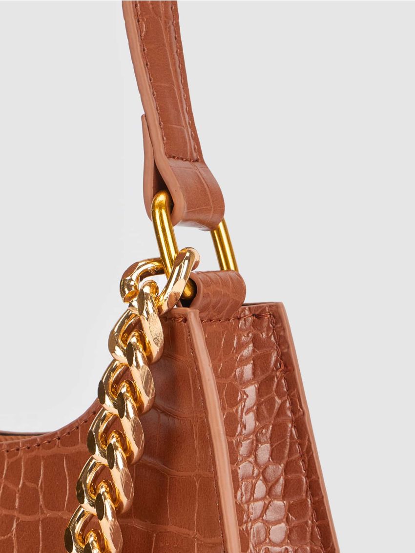 Crocodile Embossed Chain Baguette Bag