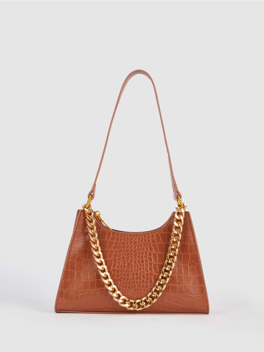 Crocodile Embossed Chain Baguette Bag