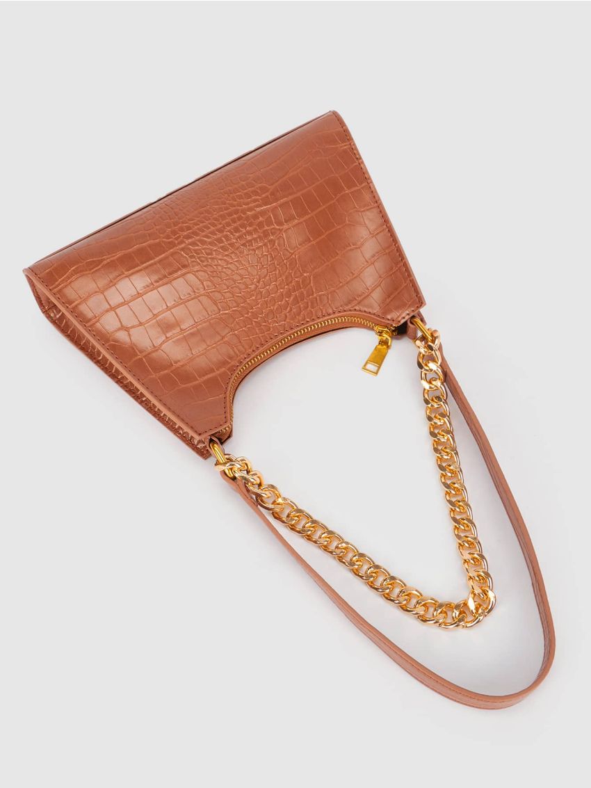 Crocodile Embossed Chain Baguette Bag