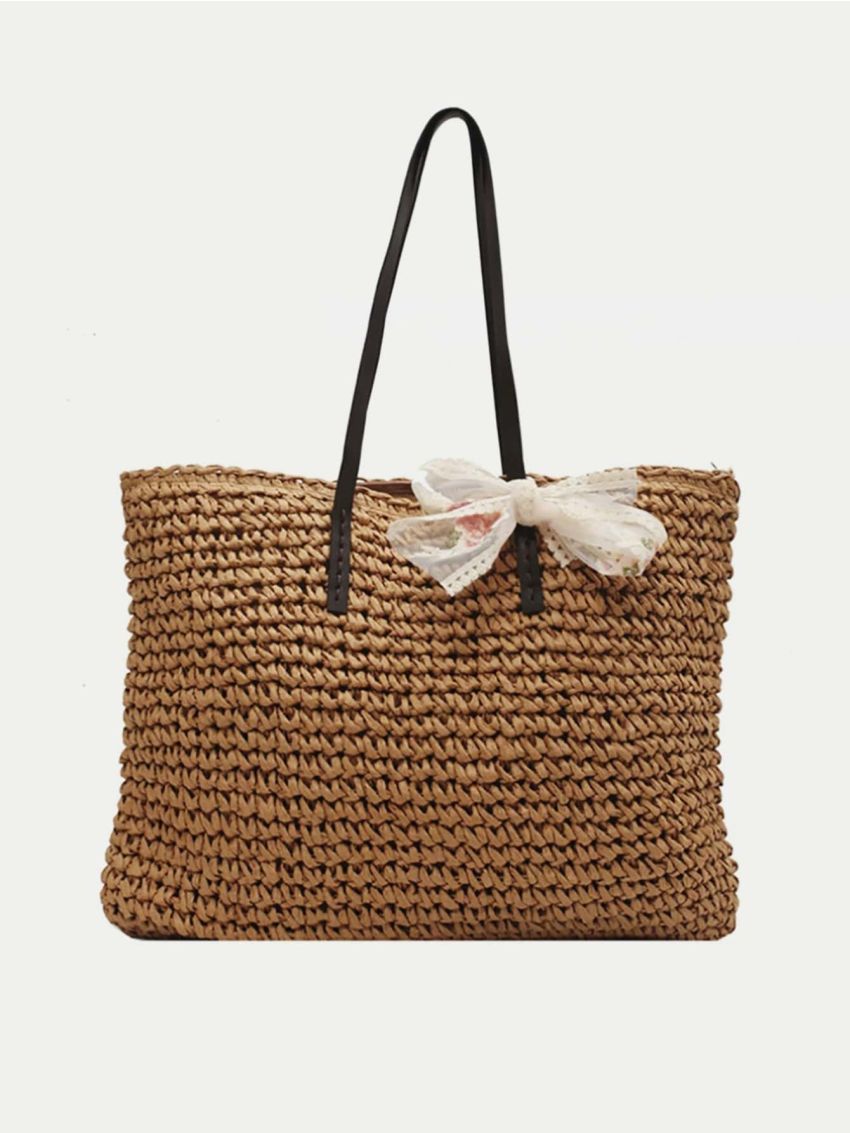 Bow Decor Straw Tote Bag