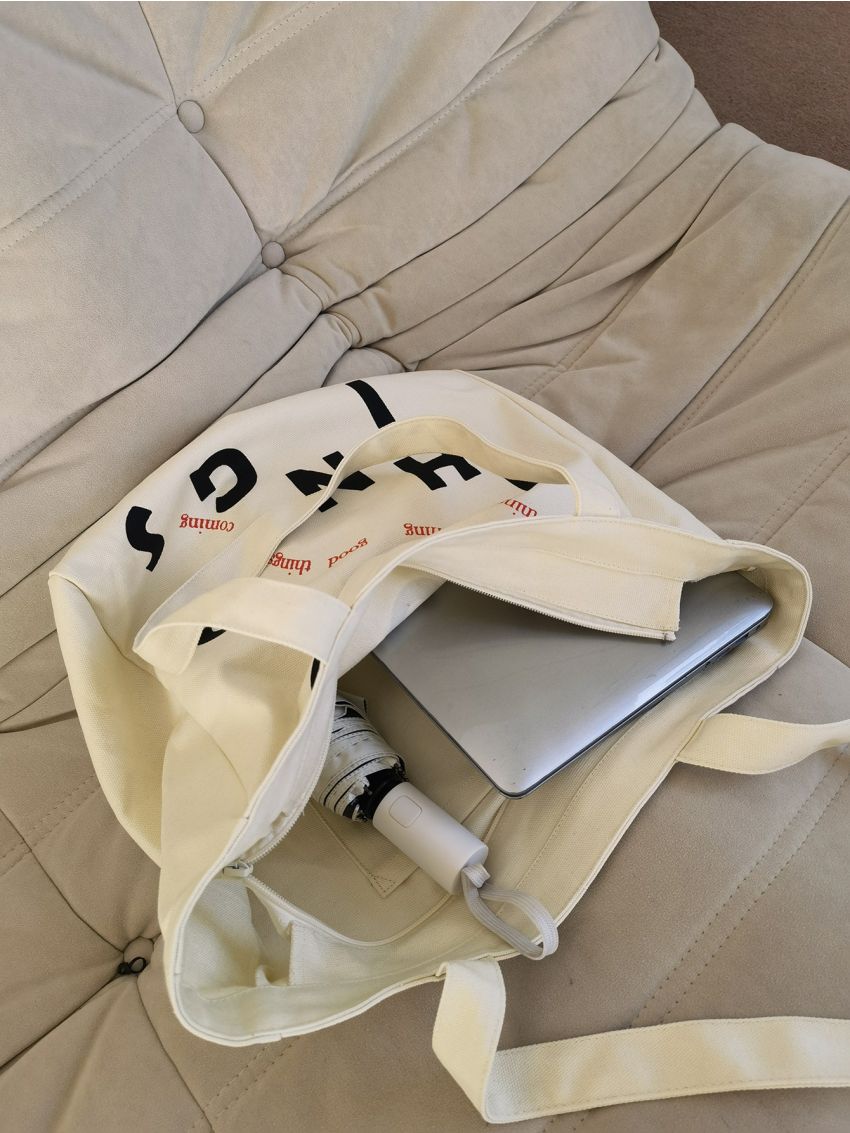 Letter Graphic Canvas Shopper Bag