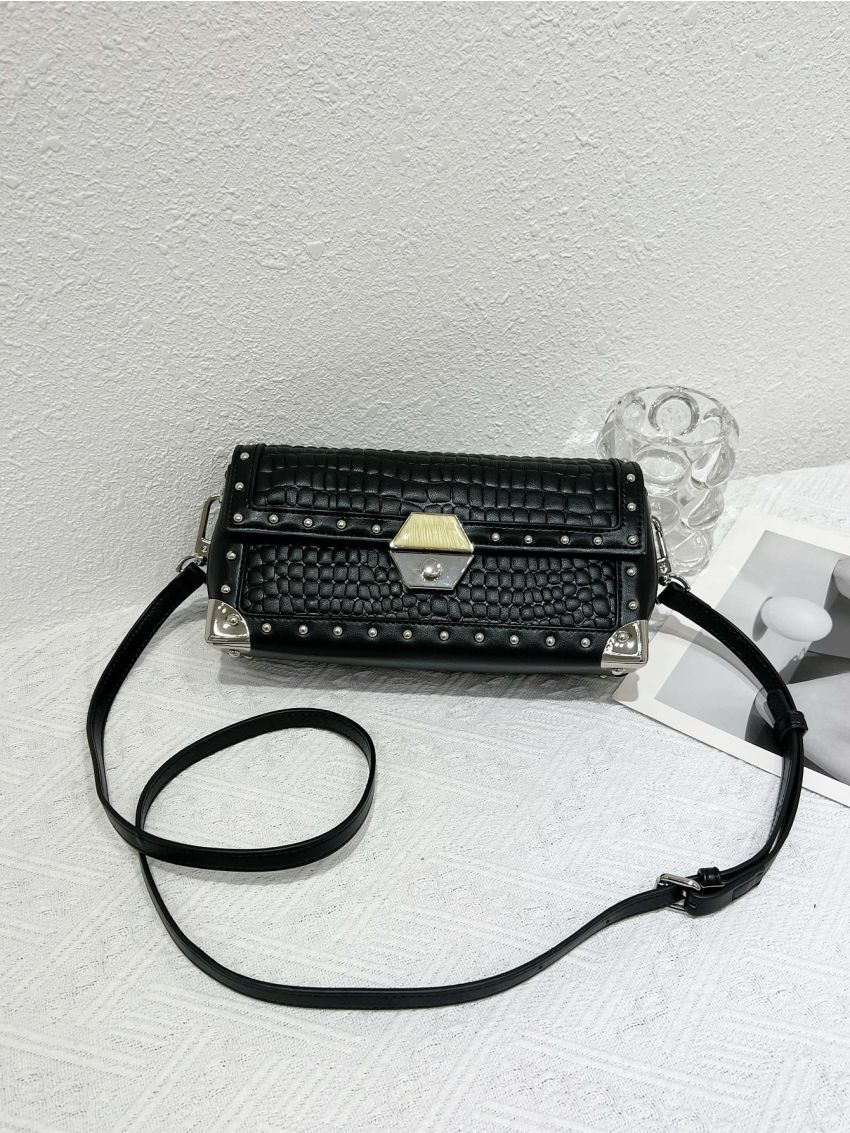 Textured Studded Decor Flap Square Bag