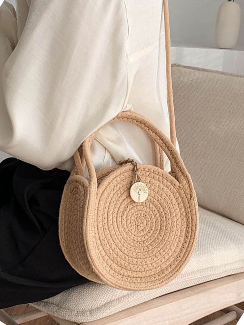 Mini Button Detail Round Straw Bag