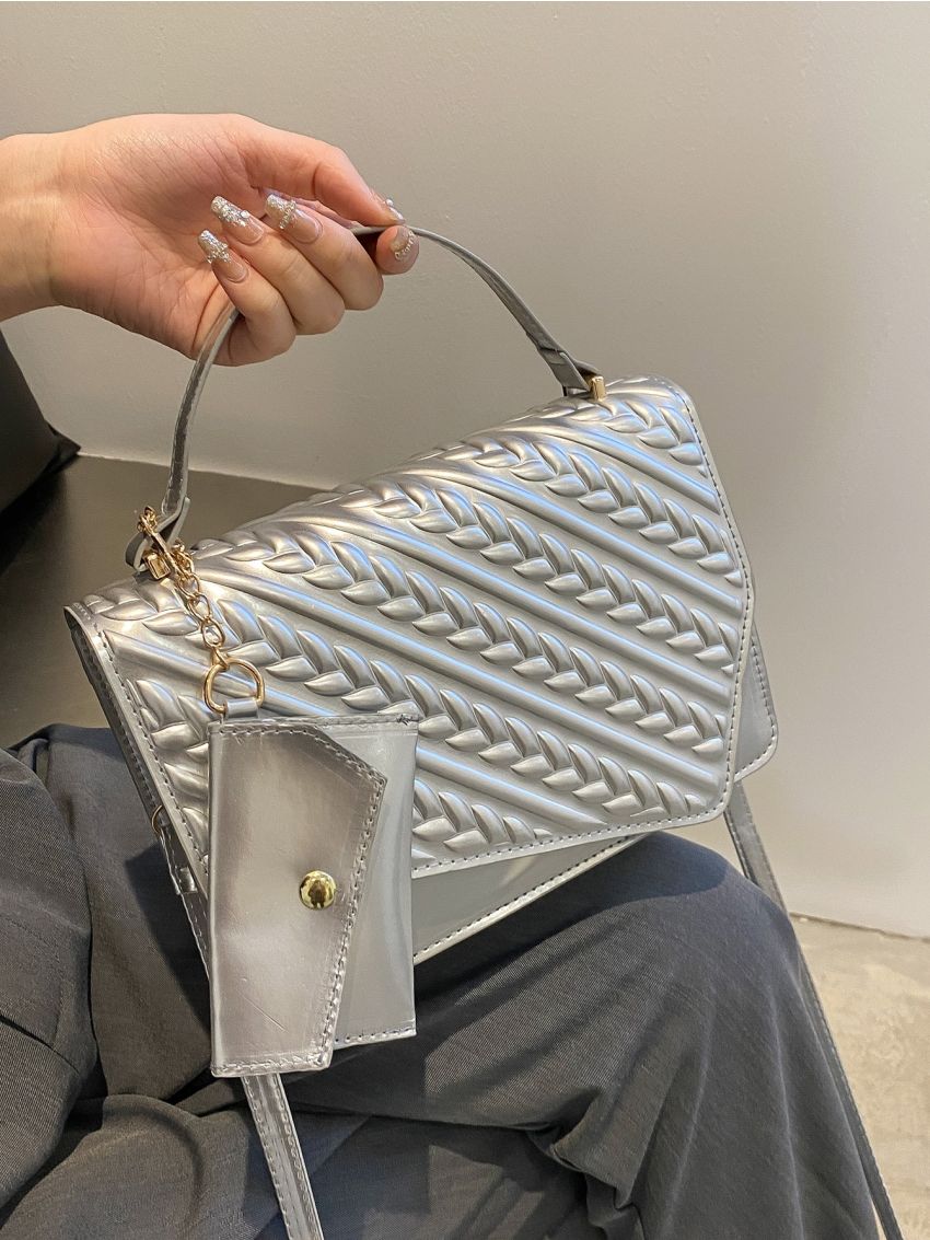 Geometric Embossed Flap Square Bag With Bag Pouch