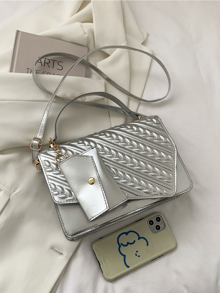 Geometric Embossed Flap Square Bag With Bag Pouch