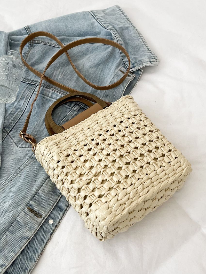 Two Tone Straw Bucket Bag