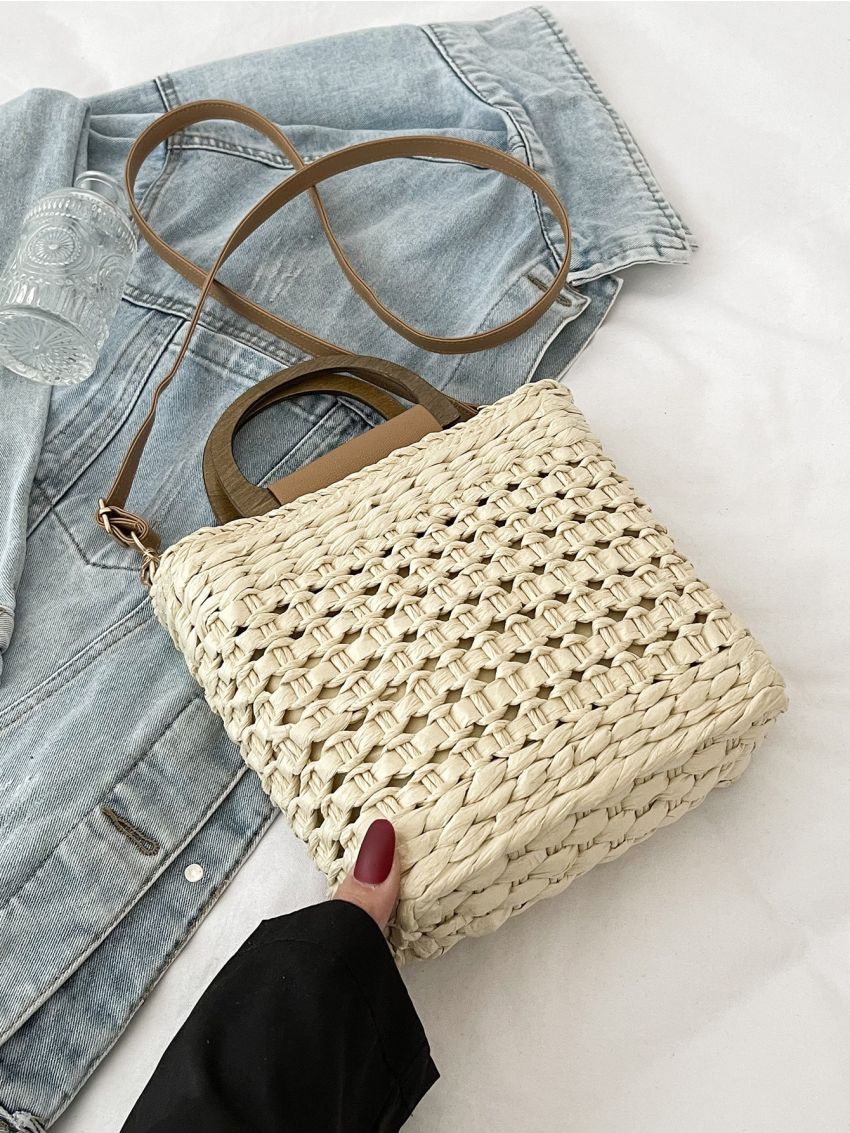 Two Tone Straw Bucket Bag