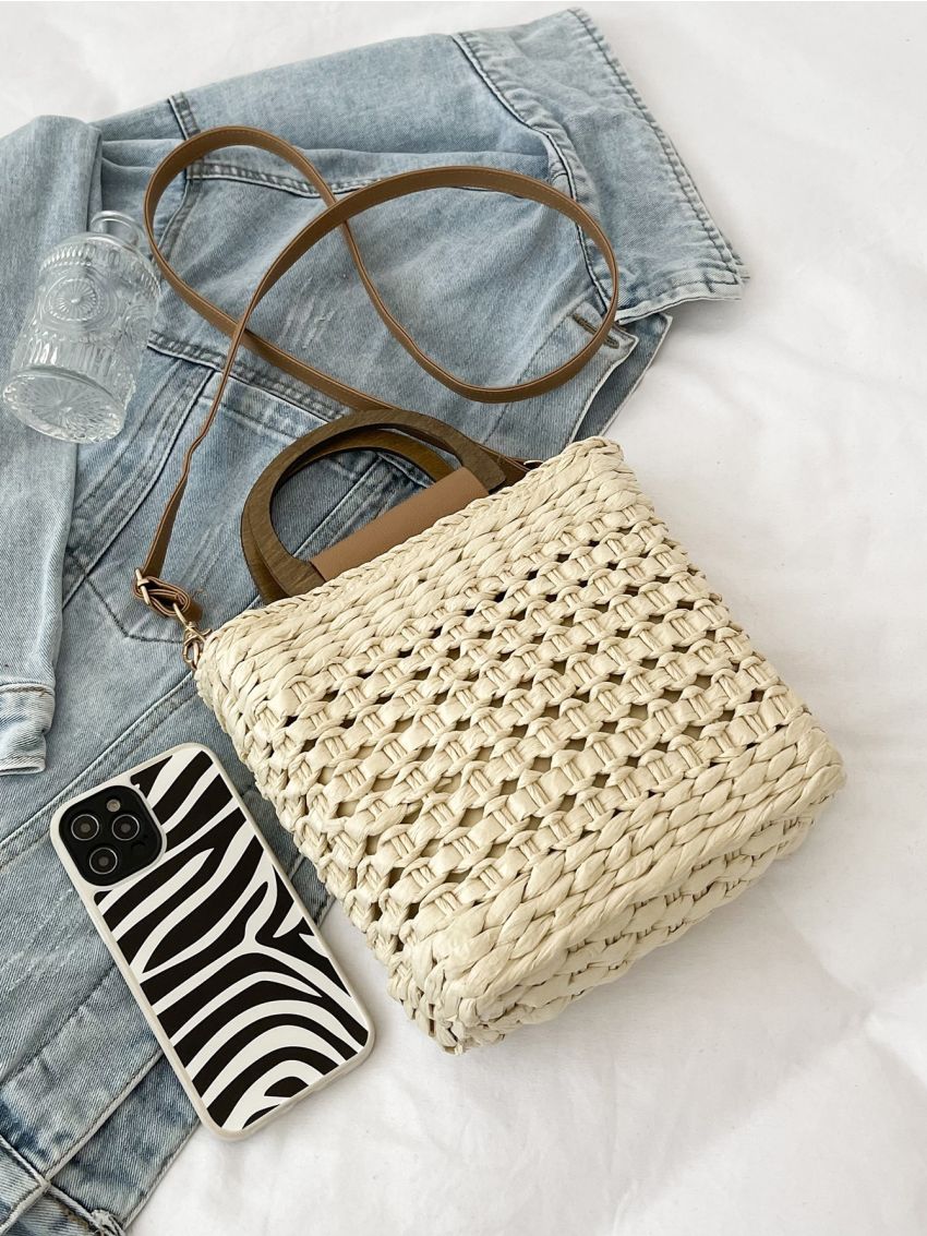 Two Tone Straw Bucket Bag
