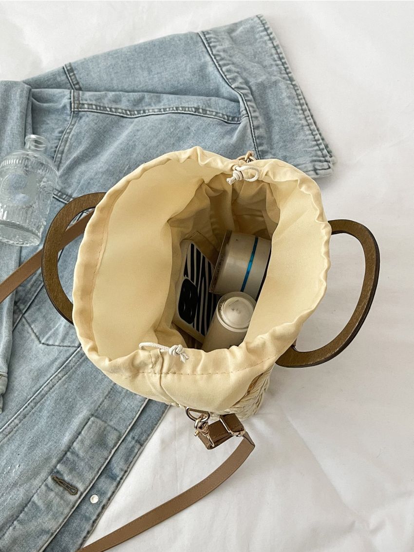 Two Tone Straw Bucket Bag