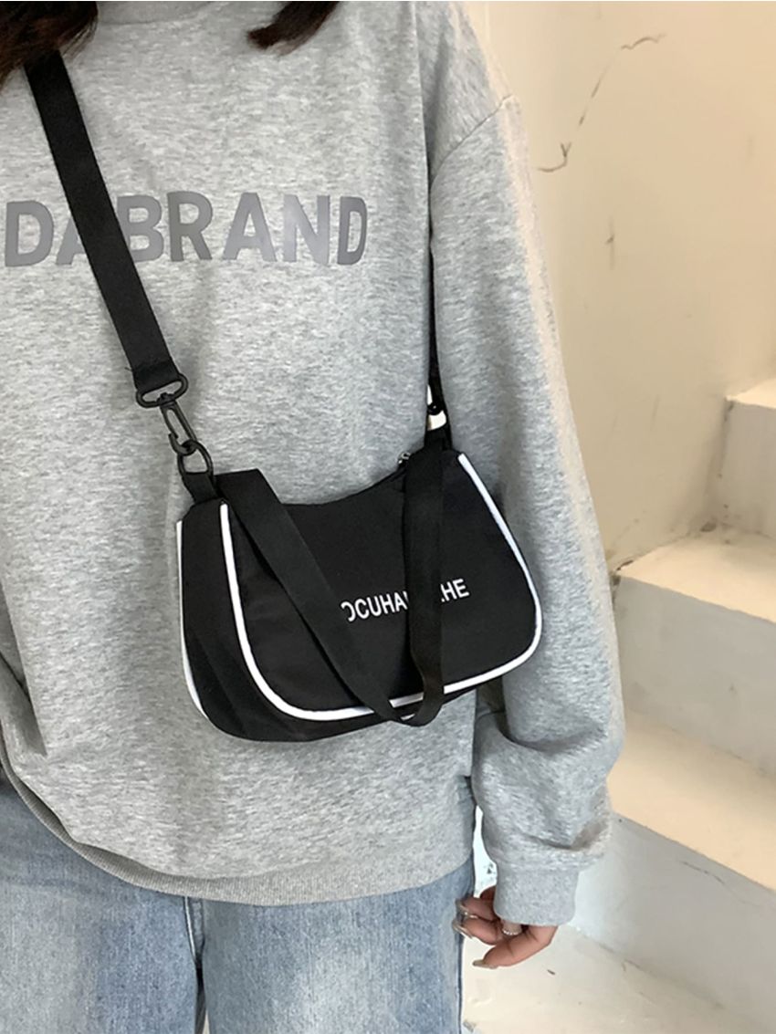 Letter Graphic Contrast Binding Baguette Bag