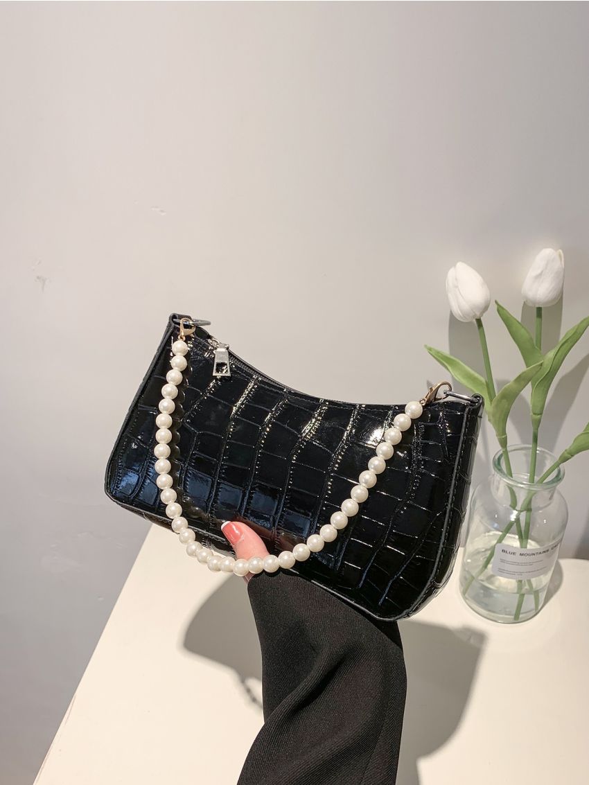 Crocodile Embossed Faux Pearl Decor Baguette Bag