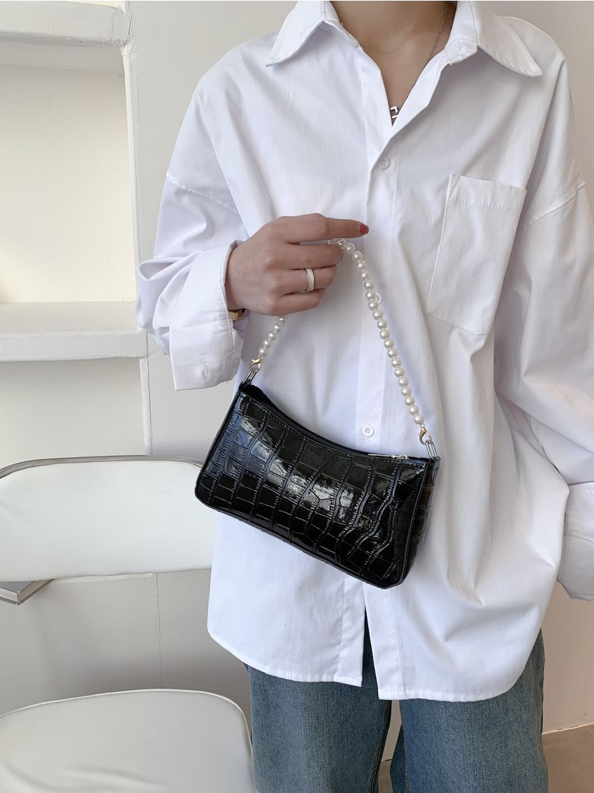 Crocodile Embossed Faux Pearl Decor Baguette Bag