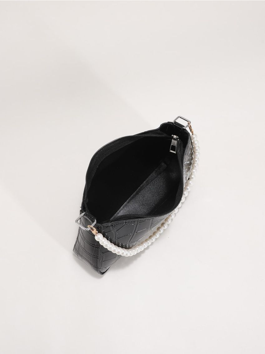 Crocodile Embossed Faux Pearl Decor Baguette Bag