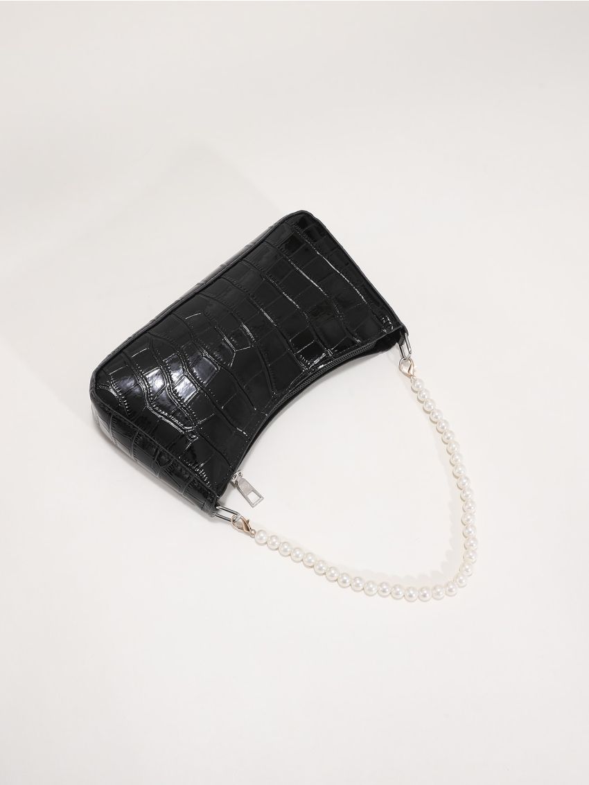 Crocodile Embossed Faux Pearl Decor Baguette Bag
