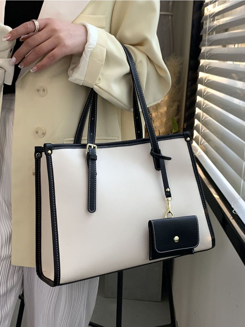 Contrast Binding Shoulder Tote Bag