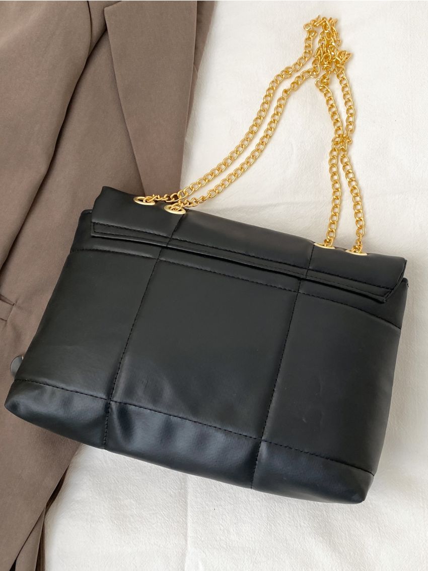 Quilted Pattern Metal Lock Design Shoulder Tote Bag