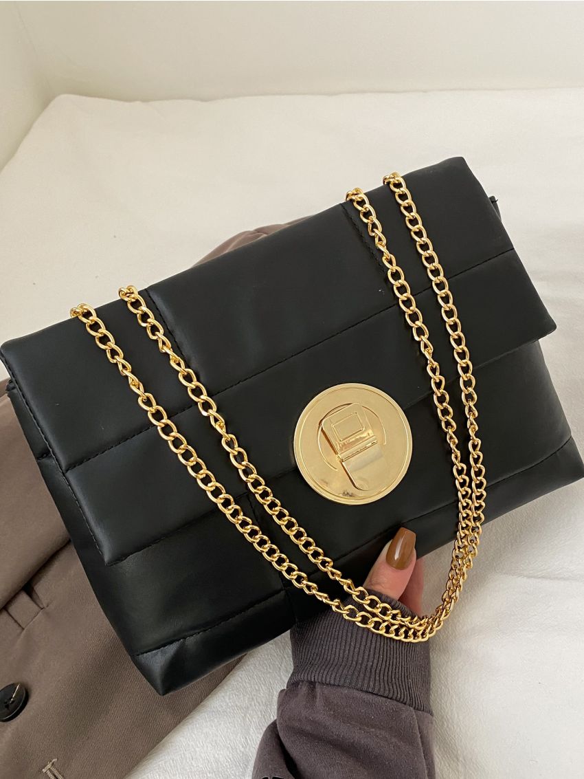 Quilted Pattern Metal Lock Design Shoulder Tote Bag