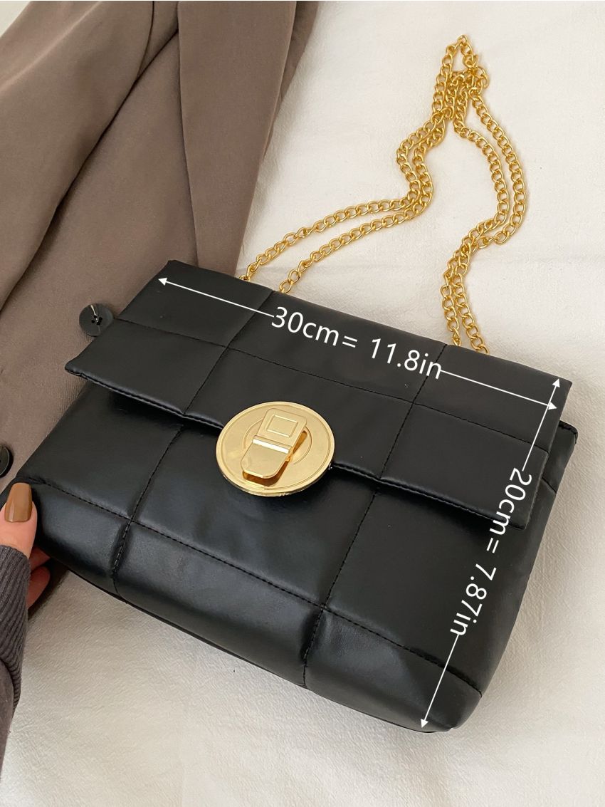 Quilted Pattern Metal Lock Design Shoulder Tote Bag