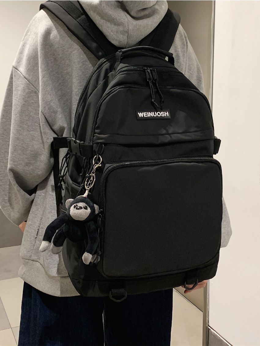 Letter Patch Backpack With Cartoon Bag Charm