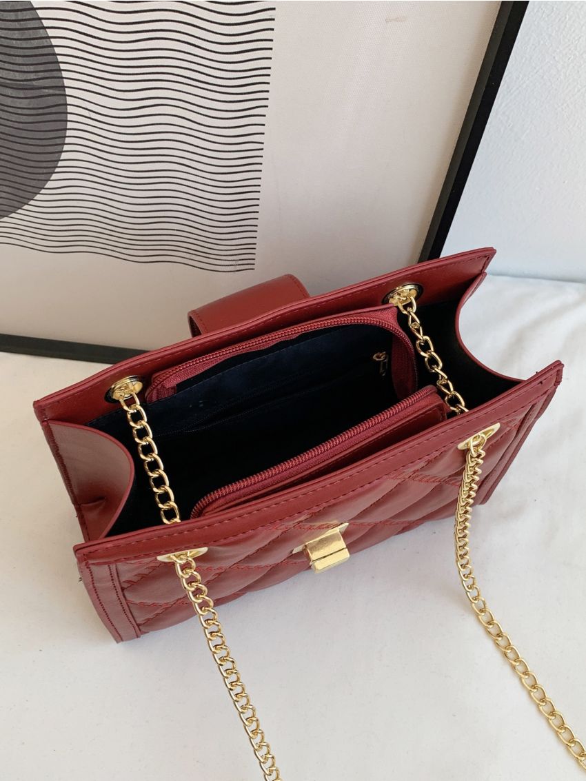 Quilted Detail Letter Graphic Twist Lock Chain Square Bag