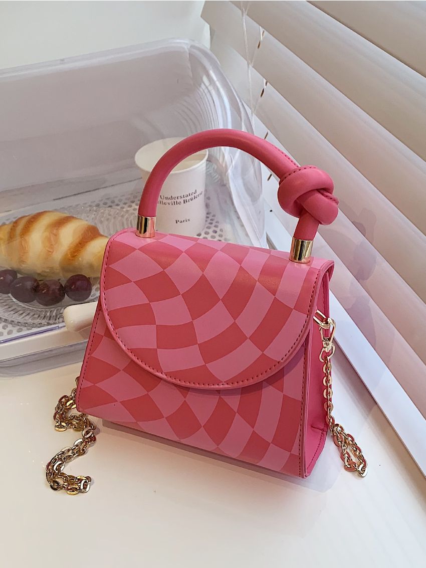 Mini Geometric Print Knot Decor Flap Square Bag