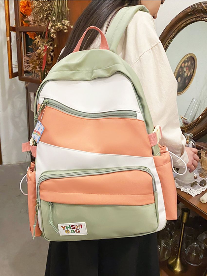 Colorblock Letter Patch Drawstring Decor Backpack