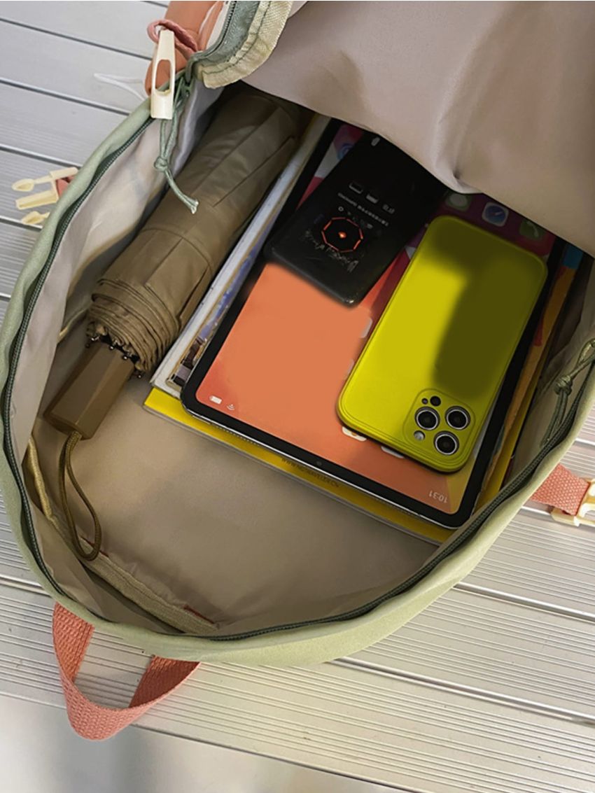 Colorblock Letter Patch Drawstring Decor Backpack