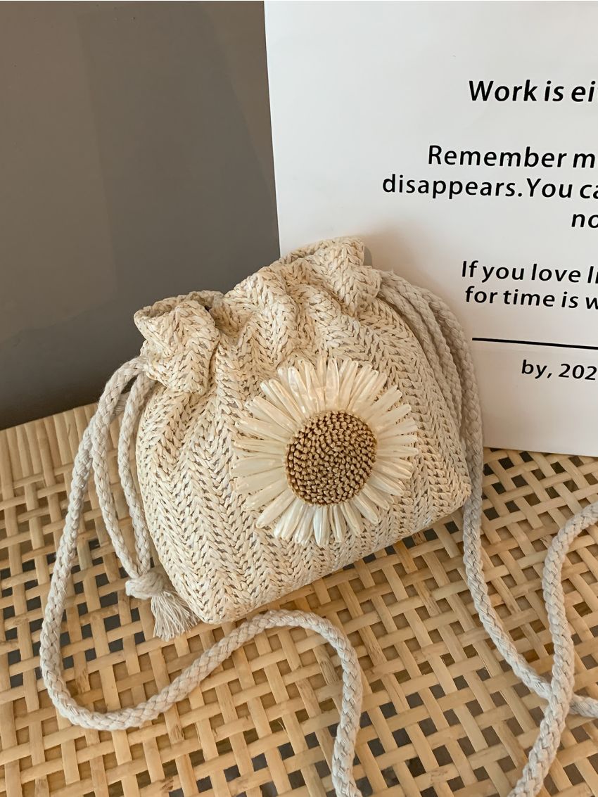 Mini Flower Decor Drawstring Design Straw Bag
