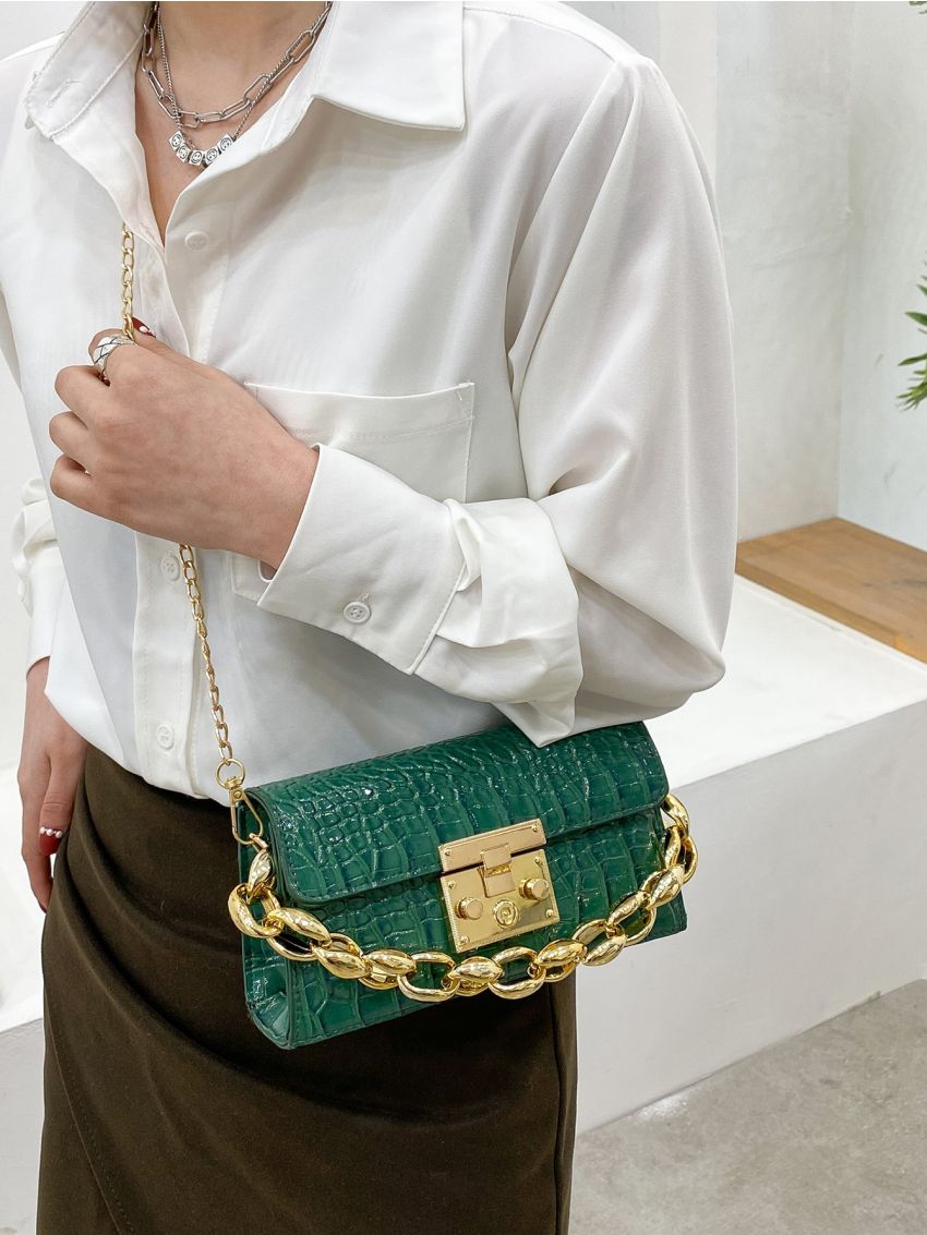 Crocodile Embossed Chain Square Bag
