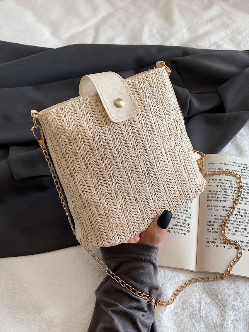 Chain Straw Bucket Bag