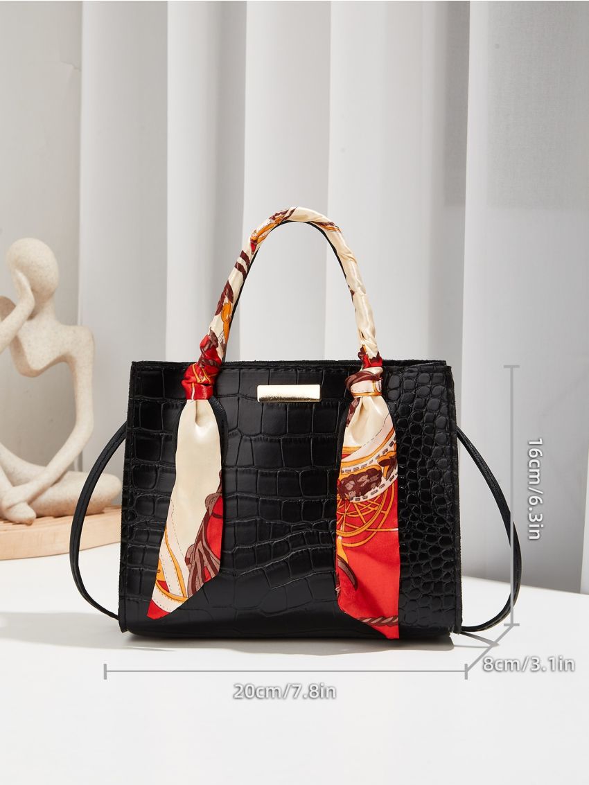 Crocodile Embossed Twilly Scarf Decor Square Bag