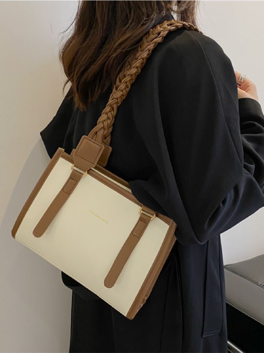 Letter Detail Contrast Binding Shoulder Tote Bag