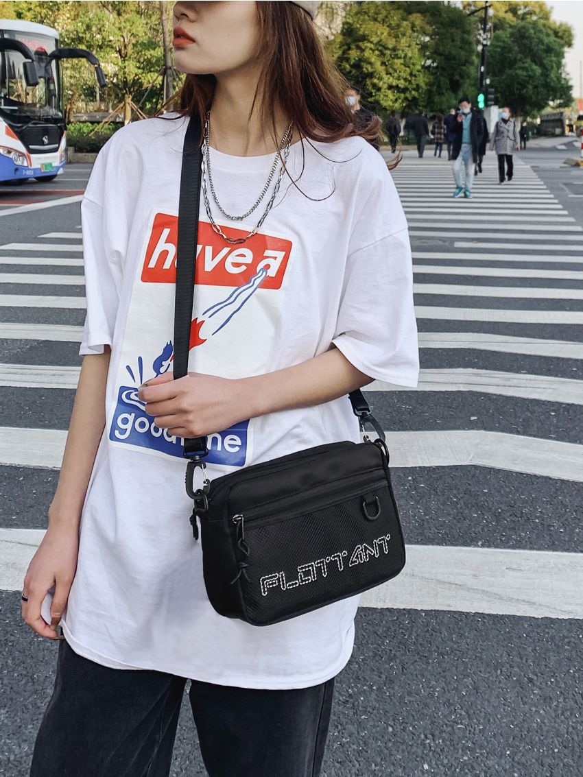 Letter Graphic Pocket Front Design Bucket Bag
