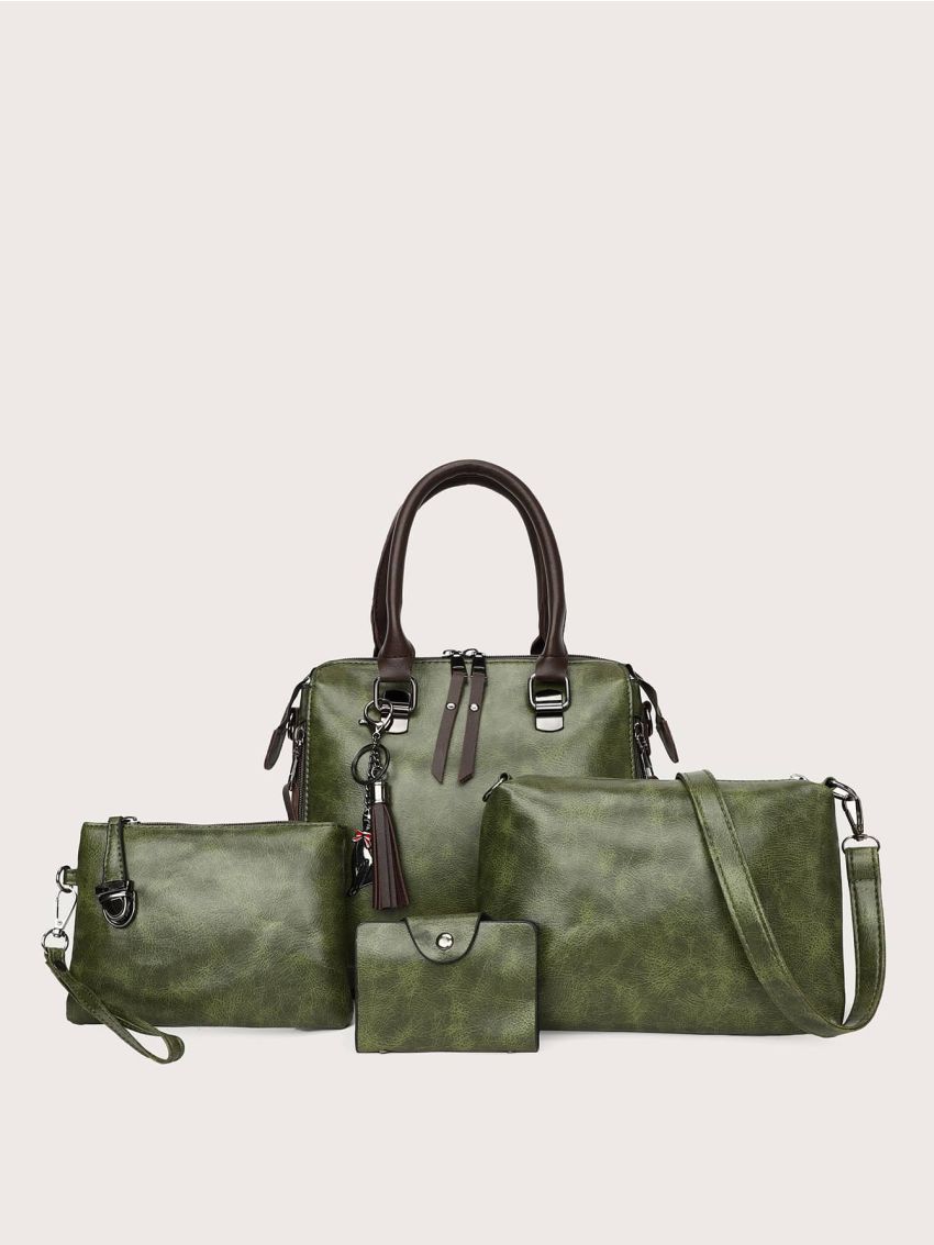 4pcs Double Zip Shoulder Tote Bag Set With Tassel Bag Charm