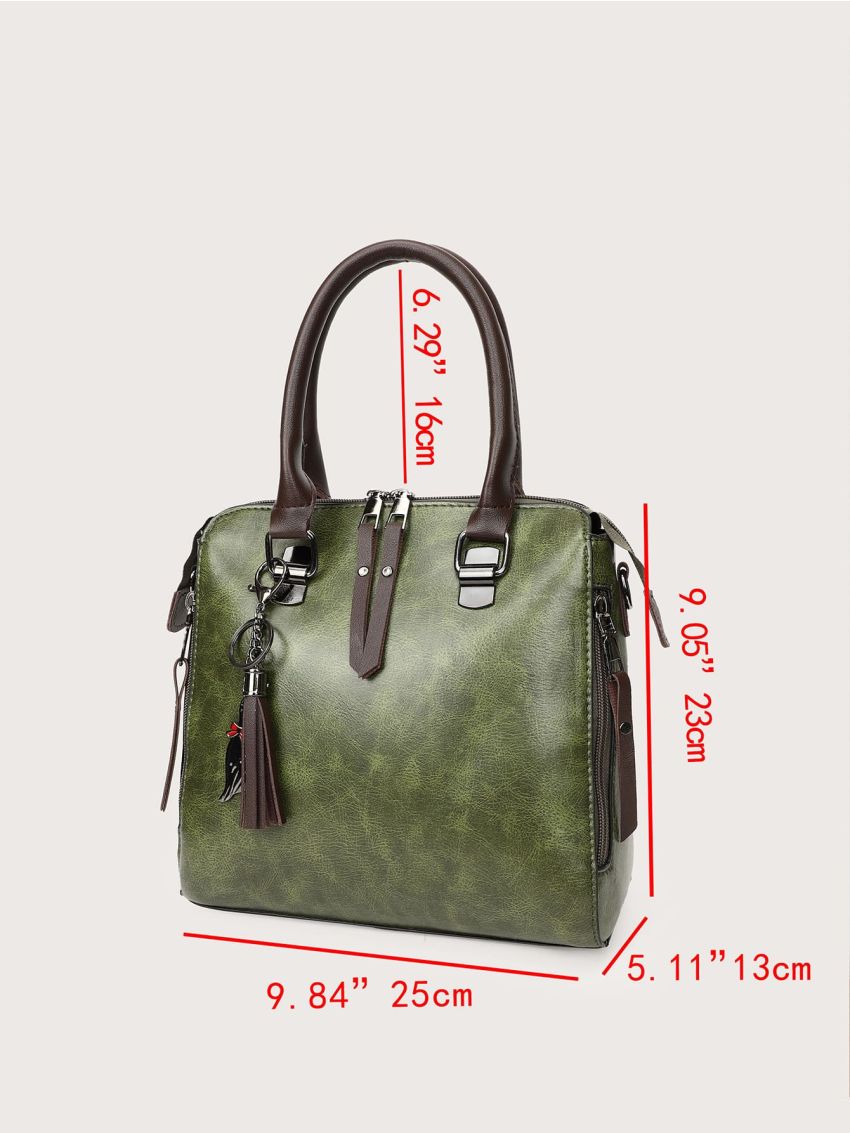 4pcs Double Zip Shoulder Tote Bag Set With Tassel Bag Charm