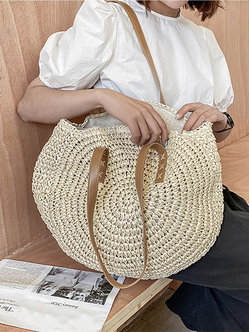 Circle Straw Shoulder Tote Bag