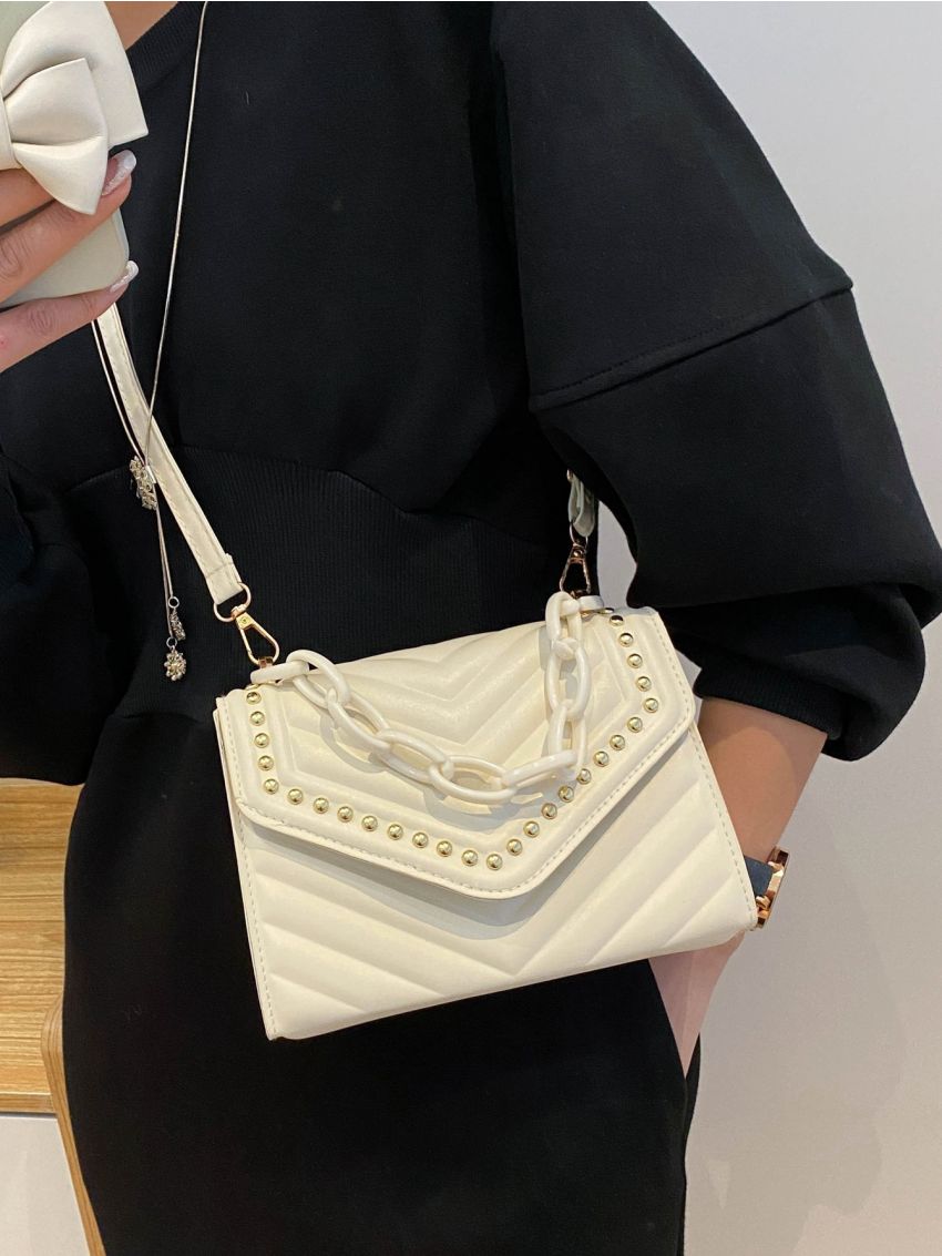 Studded Decor Chevron Flap Square Bag