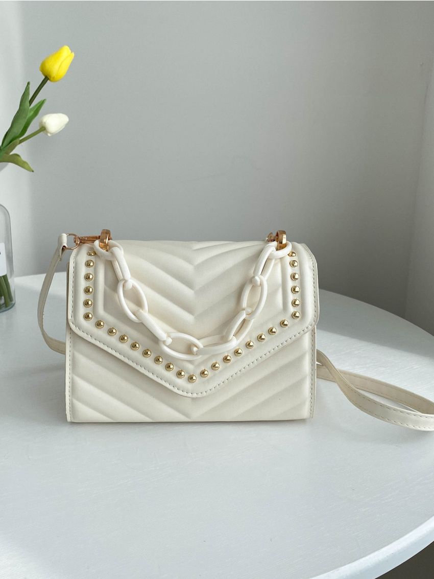 Studded Decor Chevron Flap Square Bag