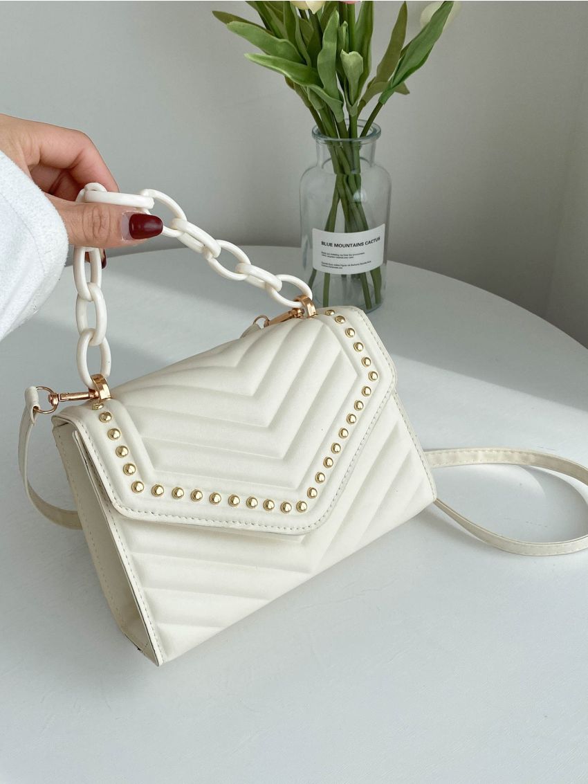 Studded Decor Chevron Flap Square Bag