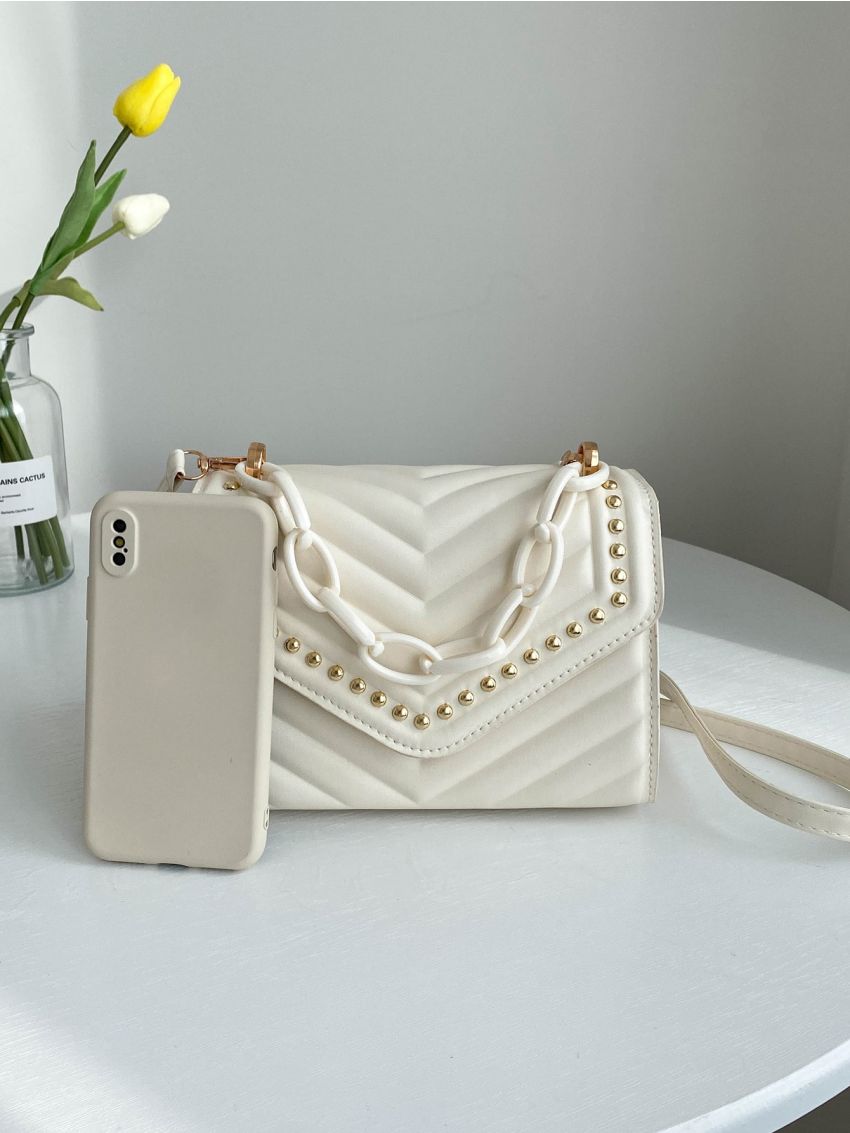 Studded Decor Chevron Flap Square Bag