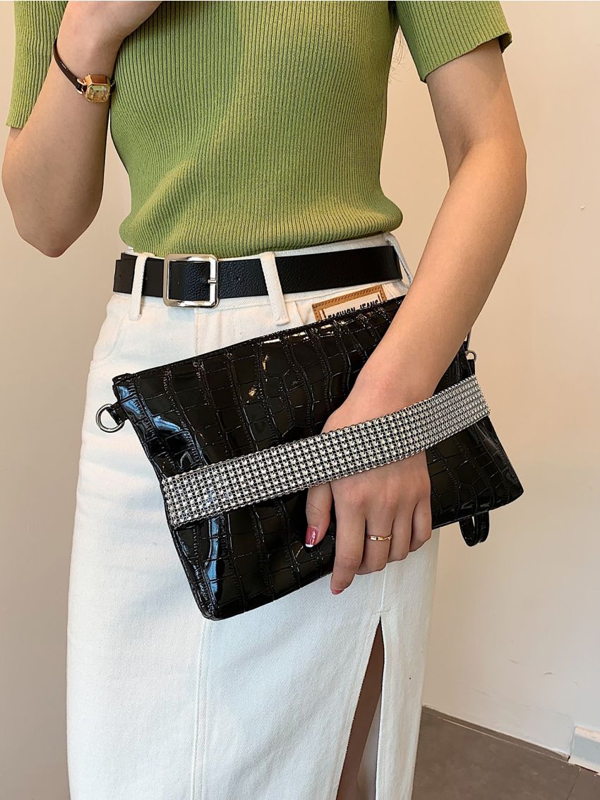 Crocodile Embossed Rhinestone Decor Square Bag