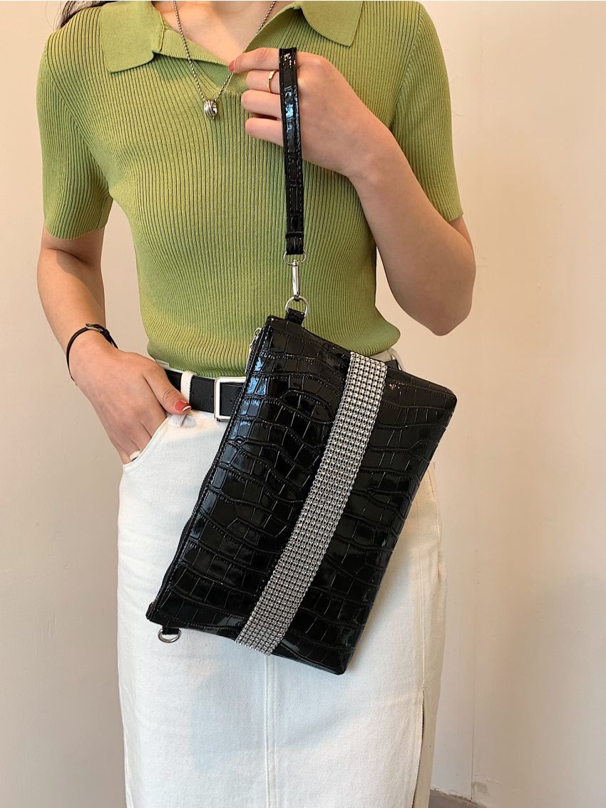 Crocodile Embossed Rhinestone Decor Square Bag