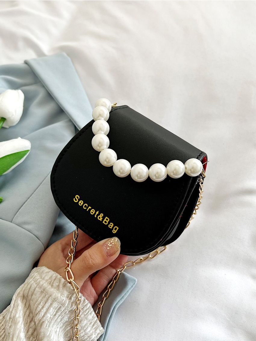 Mini Faux Pearl Decor Chain Saddle Bag