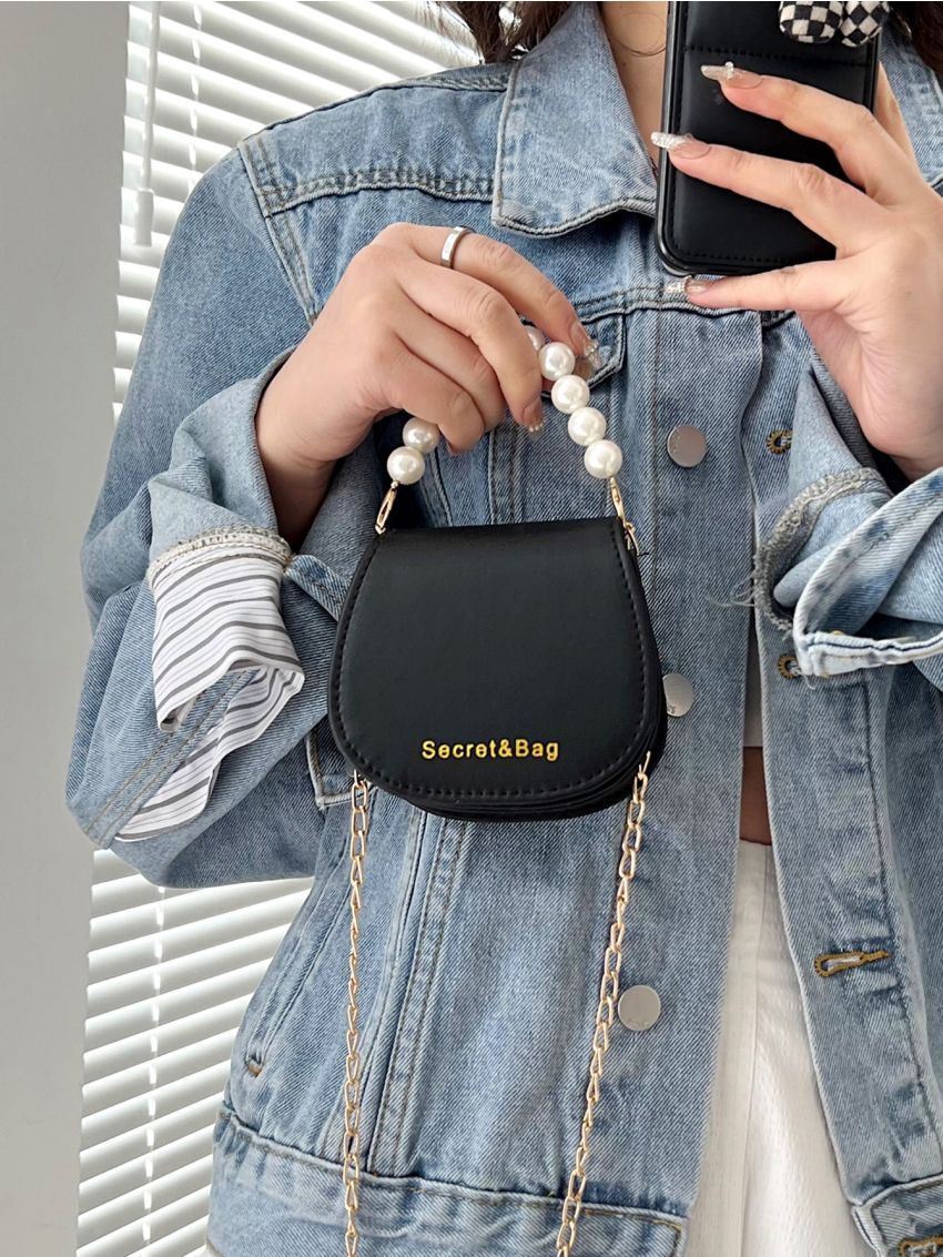 Mini Faux Pearl Decor Chain Saddle Bag