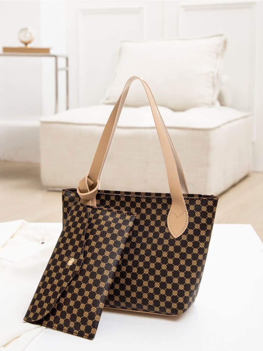 2pcs Geo Print Shoulder Bag With Long Wallet