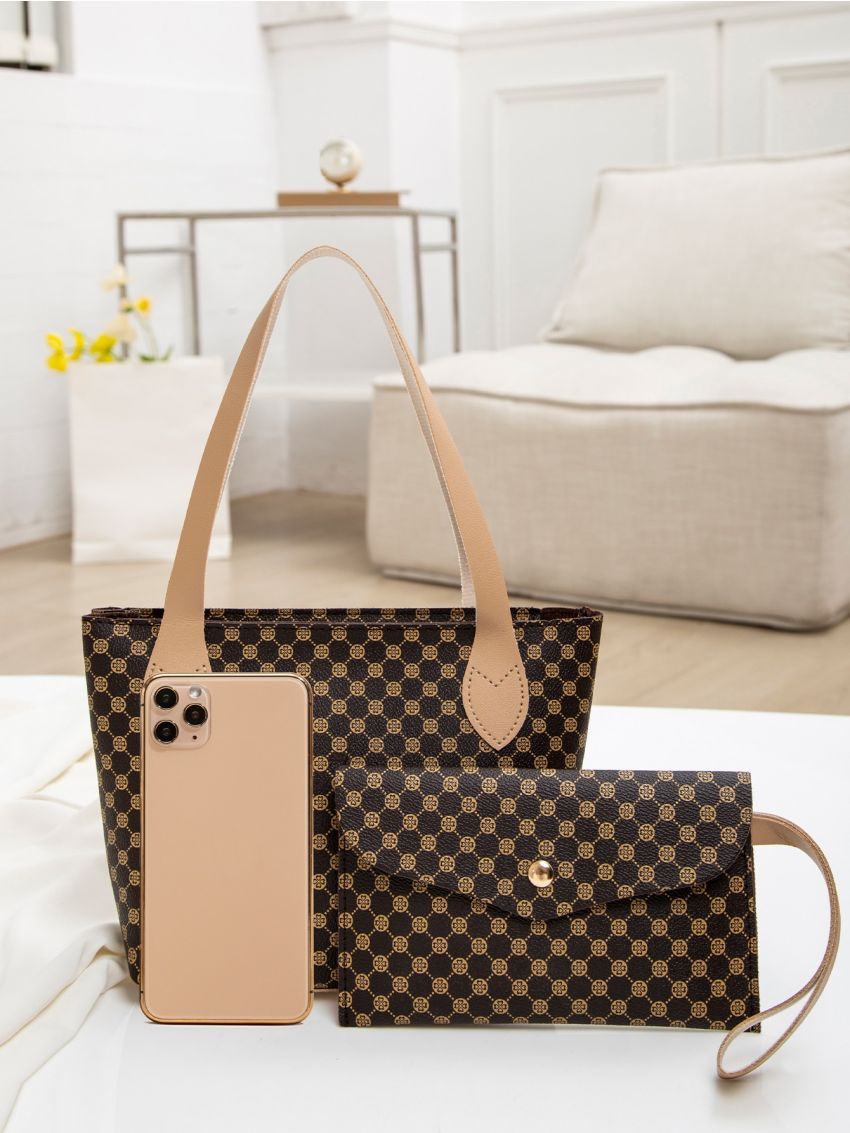 2pcs Geo Print Shoulder Bag With Long Wallet